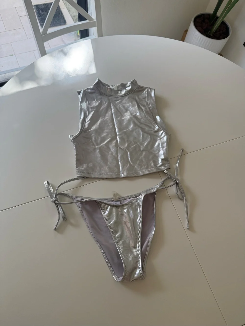 SKIMS Silver Metallic Sleeveless Crop Top & Tie-Side Bikini Bottoms